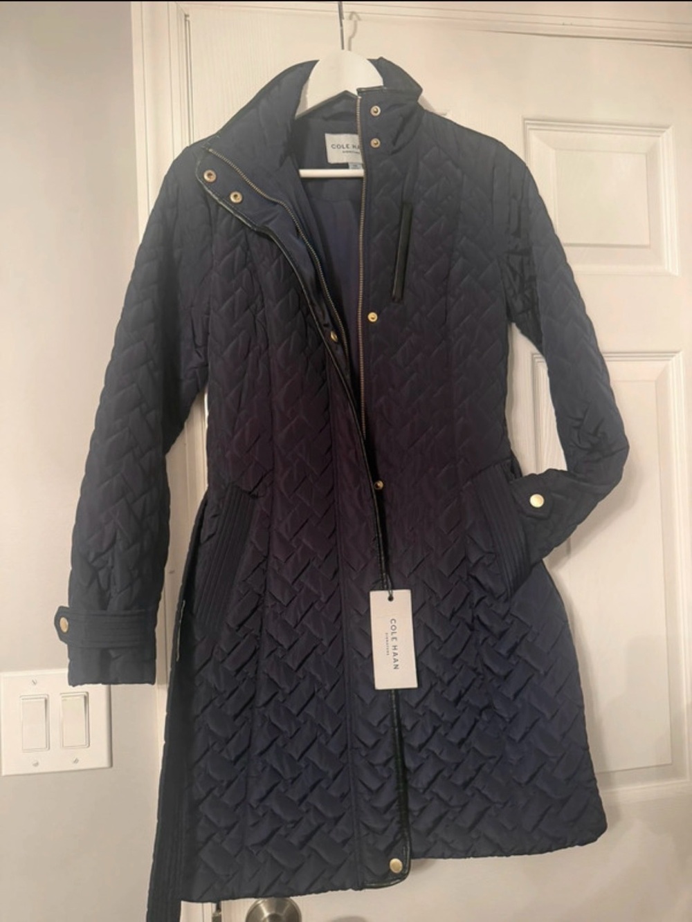 Cole Haan Navy Quilted Long Puff Coat